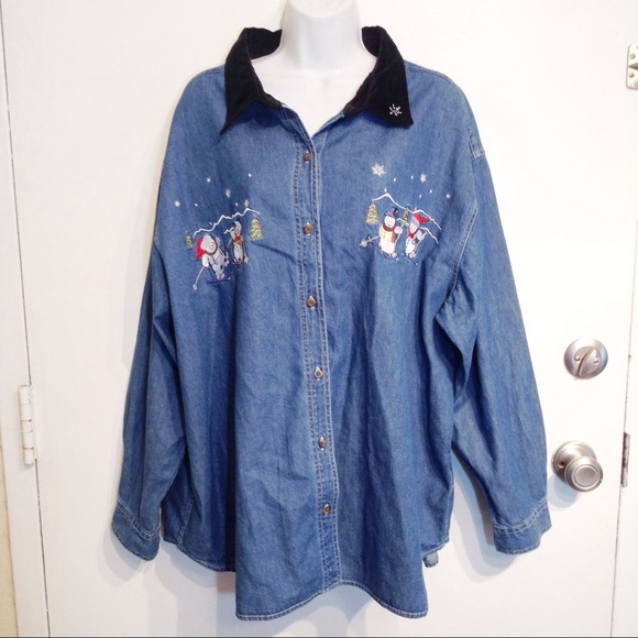 Vintage Tops - Vintage Plus Size Christmas Embroidered Denim Top
